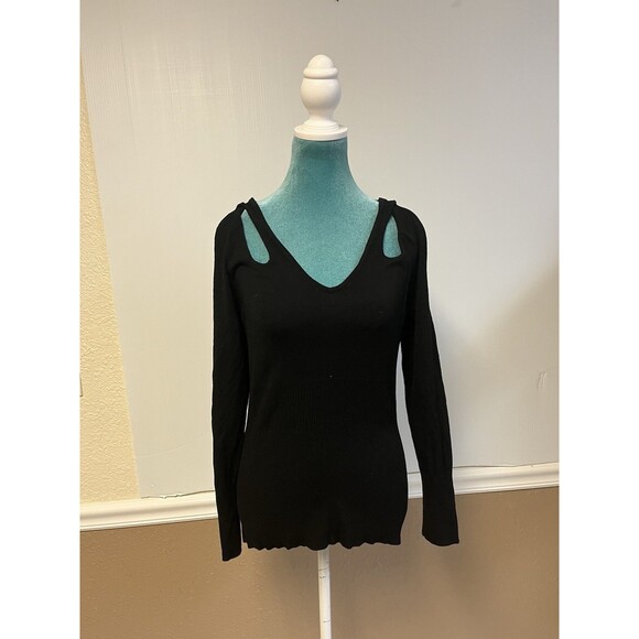 Cache Black Cutout Shoulder Knit Top – Women’s Size L – Long Sleeve V-Neck - Picture 1 of 5
